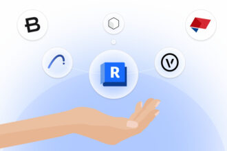 Imagem ilustrativa de um dedo apontado para um fundo digital com vários logos, como Revit, Blocks, Vectorworks