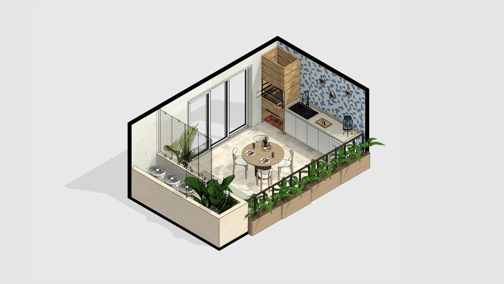 Render isométrico 3D de una terraza gourmet, con una mesa redonda para cuatro personas, parrilla empotrada, encimera con fregadero, armarios, botellero y jardín vertical con jardineras. El espacio combina vegetación, cocina y zona de comedor en un diseño funcional y con estilo.