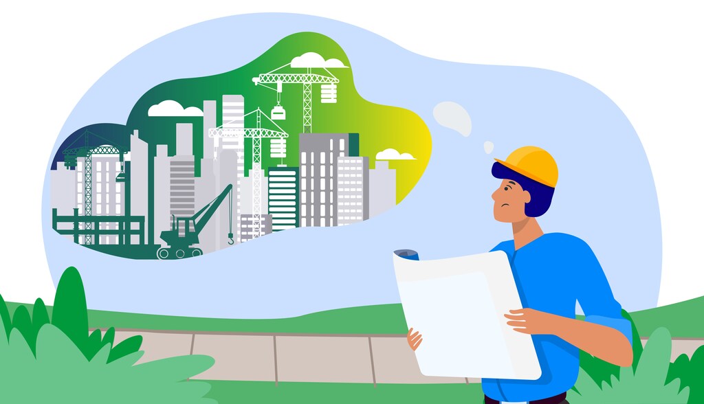 Engenheiro em campo com planejamento de construção de edifícios e infraestrutura urbana, símbolo de crescimento sustentável e inovação na construção civil.