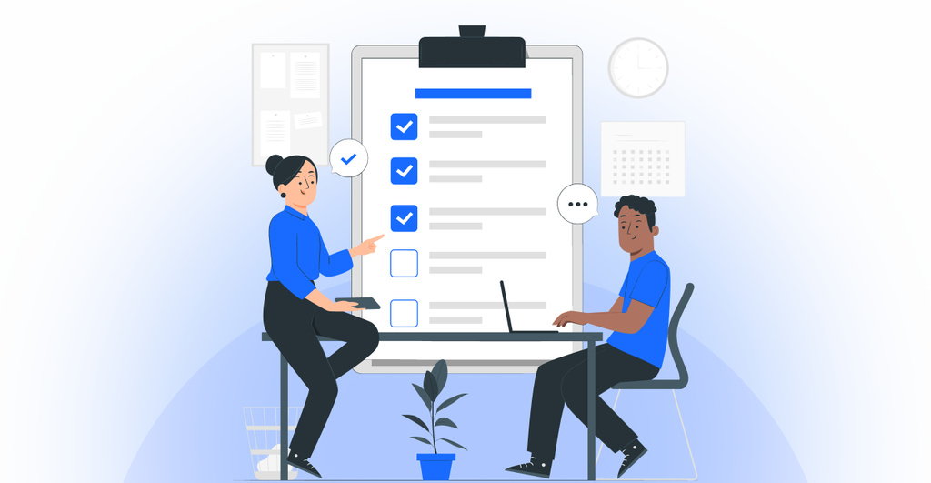 Ilustração de duas pessoas discutindo uma lista de tarefas em uma reunião de negócios, com uma grande lista de verificação ao fundo, representando organização e gestão de projetos.