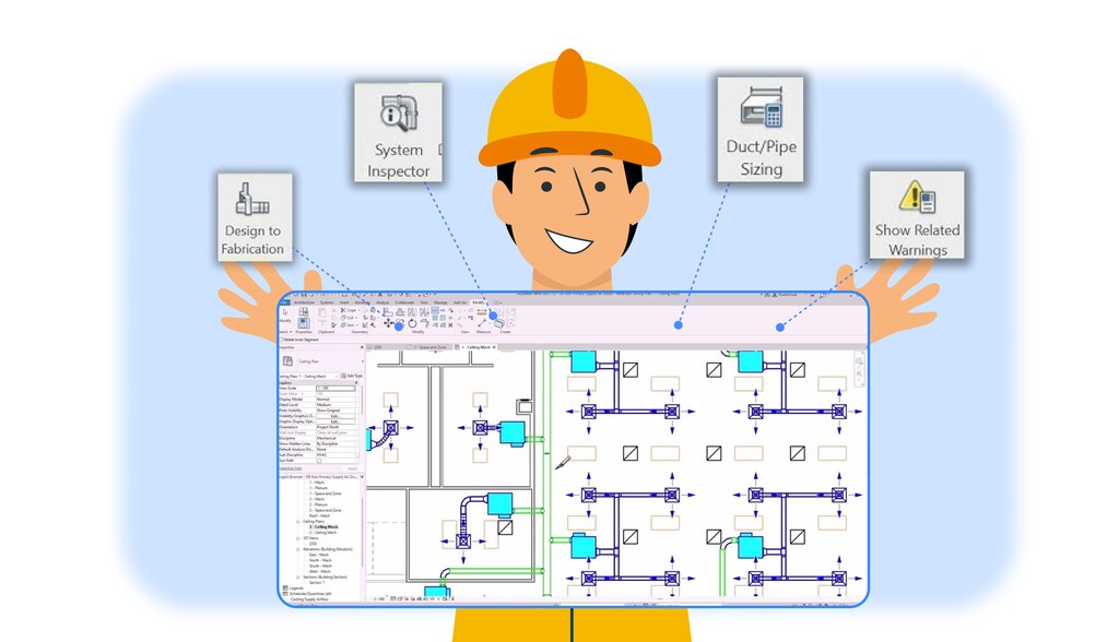 Imagem de um profissional de engenharia ou técnico com capacete amarelo, visualizando um projeto de sistema de encanamento ou elétrica em um computador, destacando funcionalidades como inspeção do sistema, dimensionamento de dutos e tubulações, e exibição de alertas de segurança.