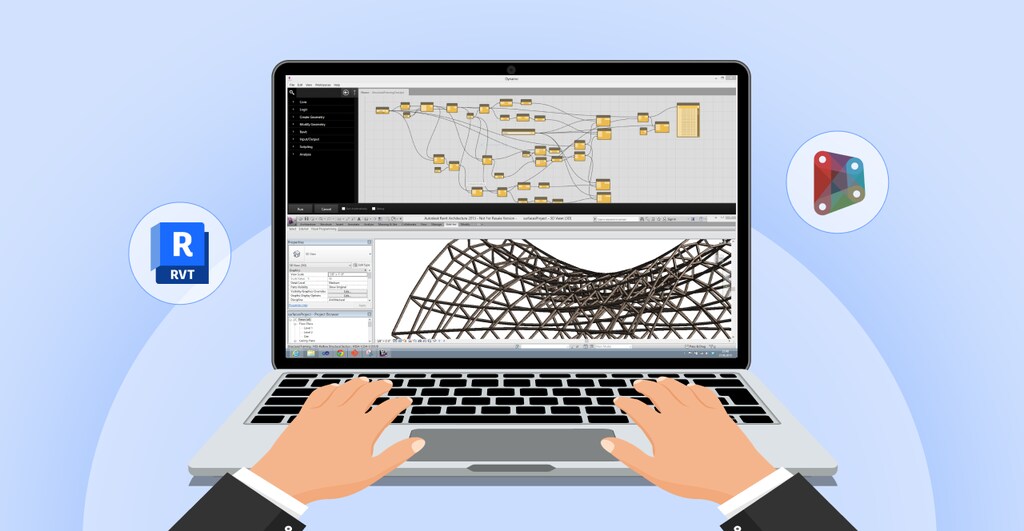Pessoa trabalhando com software de modelagem 3D, visualizando uma estrutura geométrica complexa em um laptop, cercada por ícones de ferramentas de design.
