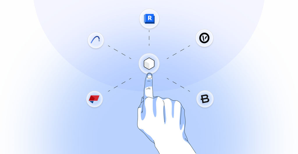 Imagem que mostra uma mão apontando para um ícone de cubo no centro de um diagrama com vários outros ícones ao redor, representando conceitos de tecnologia e inovação.