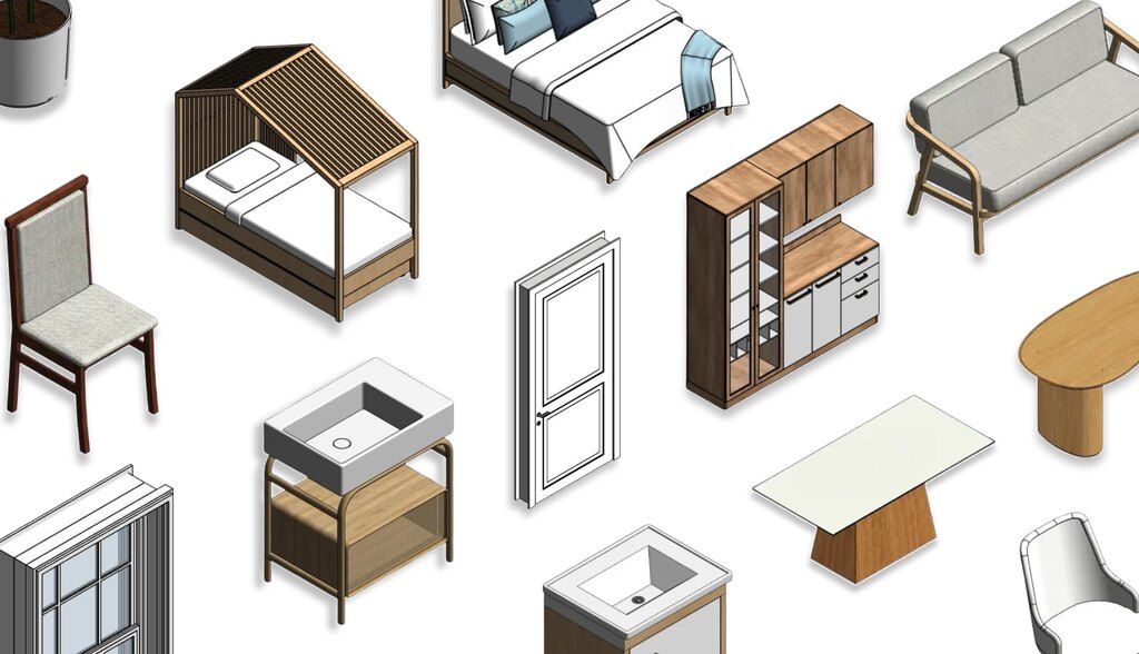 Ilustração de familias revit gratis com camas, mesas, armários e cadeiras em estilo moderno, ideal para decoração de interiores e reformas residenciais.