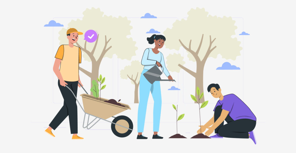 Illustration of three people gardening in an outdoor area: one person pushes a wheelbarrow with soil and seedlings, another waters a young plant, and a third person kneels to plant a sapling, with large trees and clouds in the background.