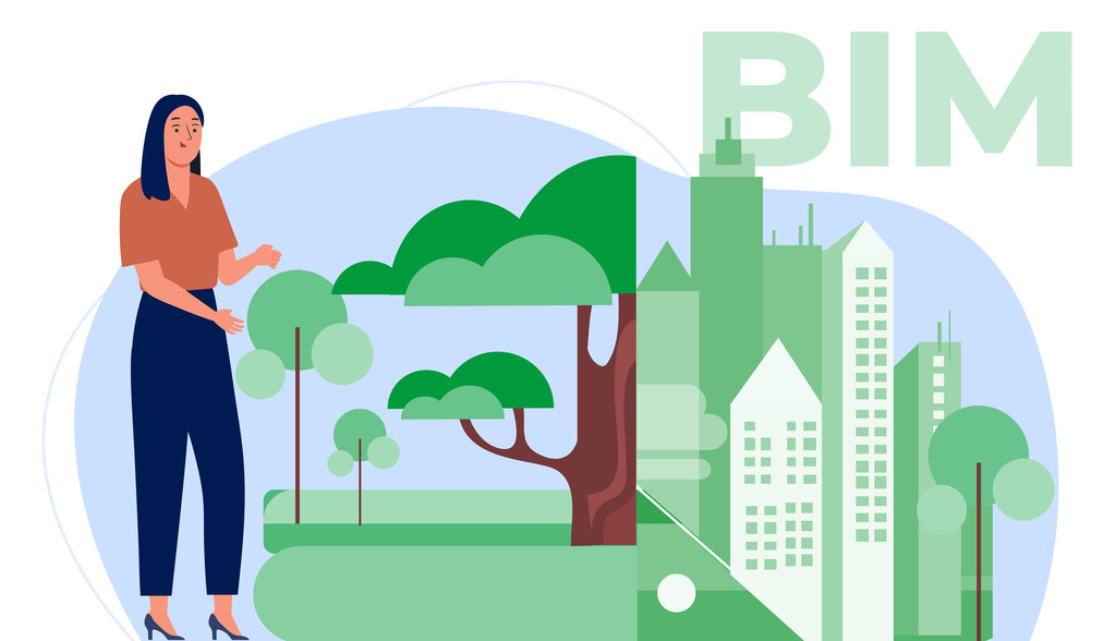 Ilustração de uma mulher ao lado de uma árvore, combinando elementos naturais e urbanos, representando o conceito de BIM na construção civil.