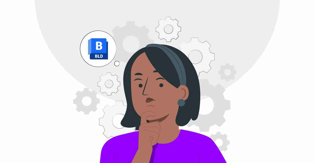 Ilustração de uma mulher pensativa com fundo de engrenagens, representando tecnologia e inovação focada em Autodesk Build