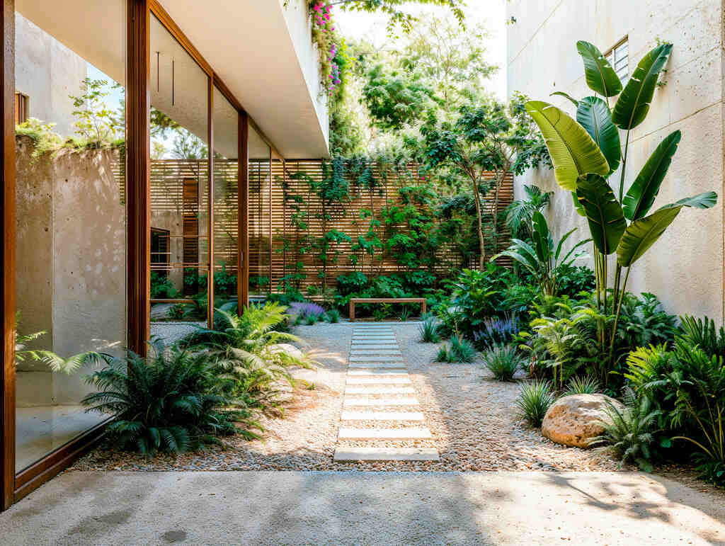 Paisajismo de patio interior con plantas tropicales, sendero de grava con losas de piedra, banco de madera y jardín vertical sobre un muro de listones de madera, enmarcado por grandes ventanales y luz natural.