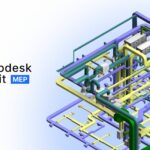 Imagem detalhada de um projeto de arquitetura ou engenharia criado com Autodesk Revit e Autodesk MEP, mostrando um sistema complexo de tubulações coloridas.