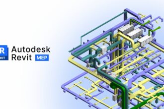 Imagem detalhada de um projeto de arquitetura ou engenharia criado com Autodesk Revit e Autodesk MEP, mostrando um sistema complexo de tubulações coloridas.