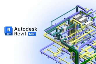 Imagem de projeto 3D de sistemas mecânicos, elétricos e hidráulicos em Revit MEP, software de modelagem para projetos de engenharia e construção.