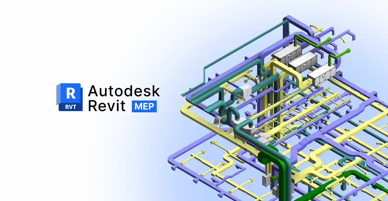 Imagem de projeto 3D de sistemas mecânicos, elétricos e hidráulicos em Revit MEP, software de modelagem para projetos de engenharia e construção.