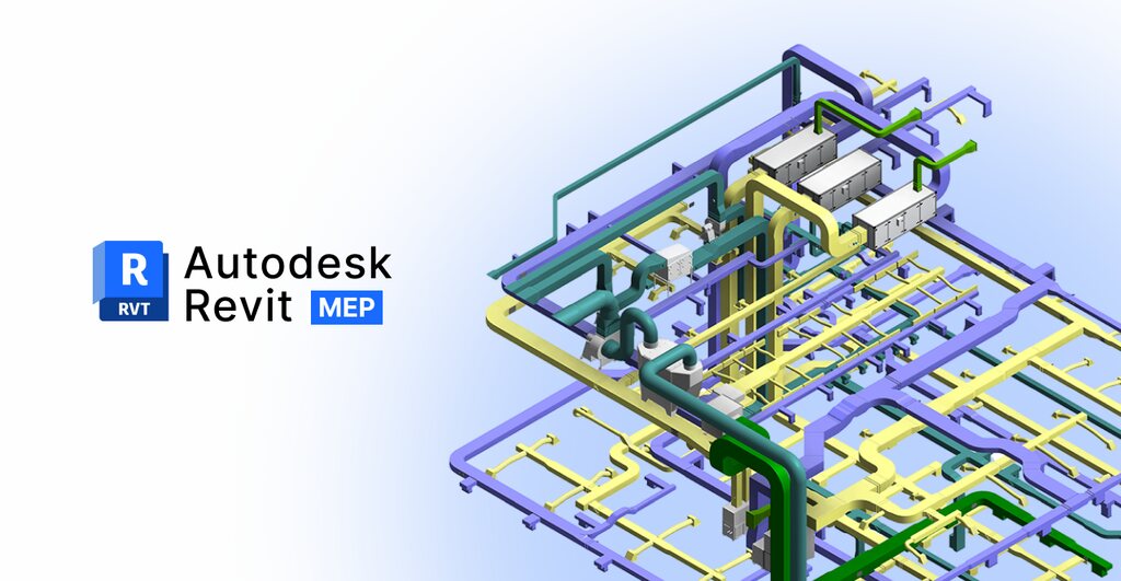 Imagem detalhada de um projeto de arquitetura ou engenharia criado com Autodesk Revit e Autodesk MEP, mostrando um sistema complexo de tubulações coloridas.