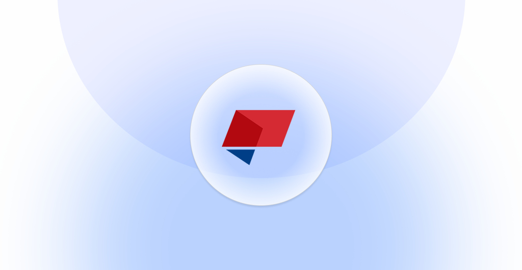 Imagem de um logo digital com elementos geométricos em cores vermelha e azul, sobre fundo claro