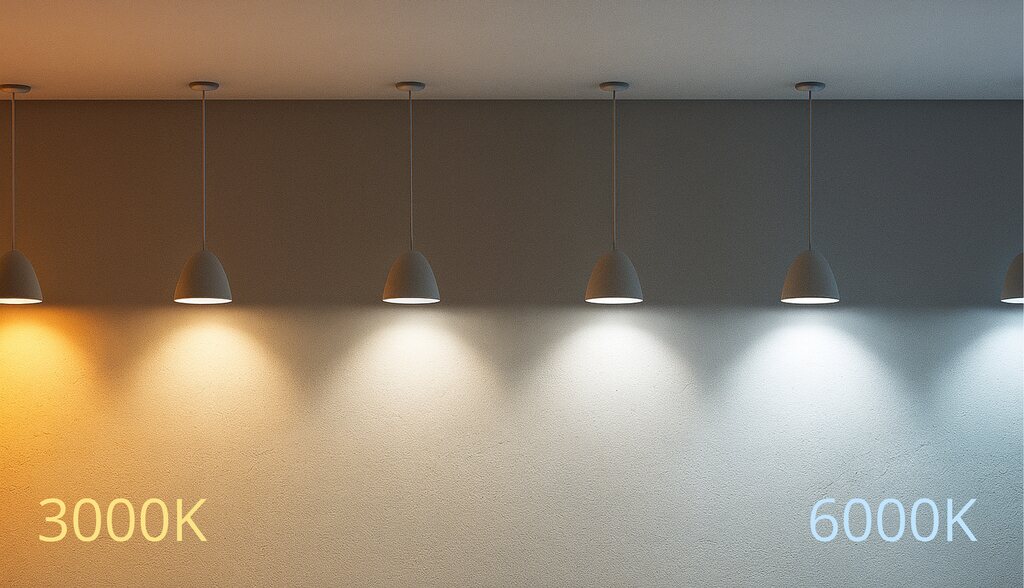 Iluminação de teto moderna com spots de luz, destaque para a iluminação amarelada, branca e azulada, projetadas para ambientes internos.