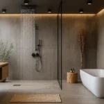 Banheiro moderno com banheira, ducha de chuva, pia de pedra e decoração com plantas secas, iluminação suave e ambiente minimalista