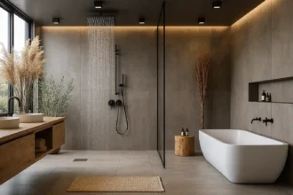 Banheiro moderno com banheira, ducha de chuva, pia de pedra e decoração com plantas secas, iluminação suave e ambiente minimalista