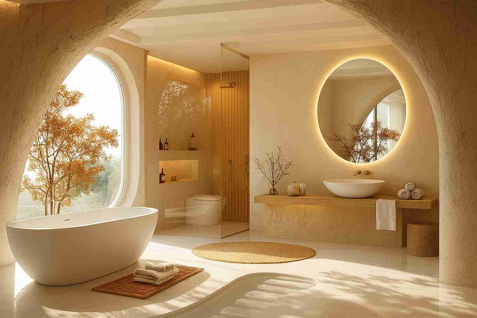 Banheira moderna de design elegante em um banheiro com janelas grandes, decoração minimalista em tons de bege e iluminação suave, ideal para relaxar.