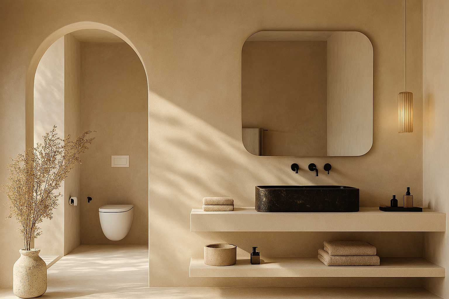 Banheiro moderno com design minimalista, pia de pedra preta, espelho quadrado, iluminação suave e decoração clean com toalhas e vasos decorativos.