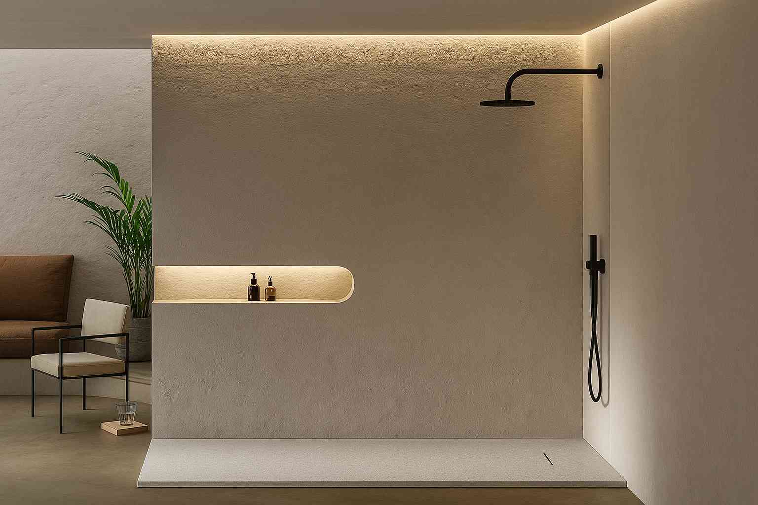 Banheiro moderno com ducha de teto preto, parede de concreto, iluminação embutida e decoração minimalista, criando um espaço elegante e sofisticado.
