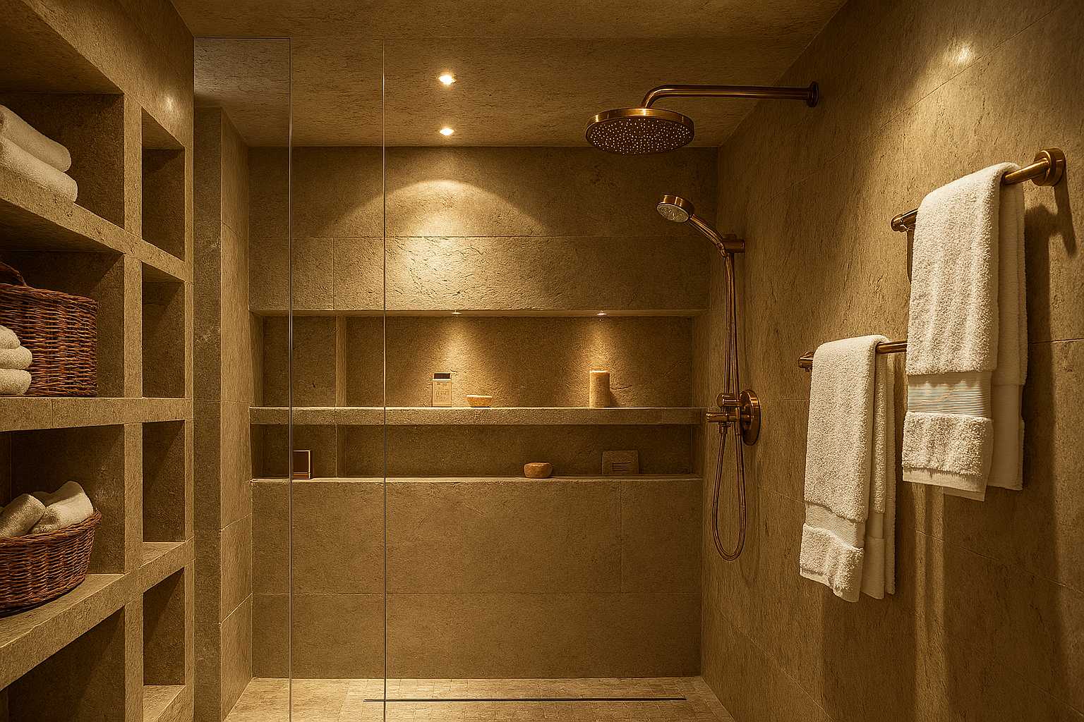 Banheiro de spa com acabamento em pedra, banho de ducha com cabeçote grande e prateleiras embutidas com velas decorativas, criando um ambiente relaxante.