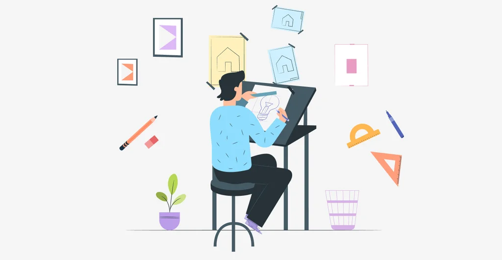 Arquitecto trabajando en una mesa de dibujo, realizando un croquis con planos arquitectónicos, reglas y lápices alrededor, en un estudio creativo.