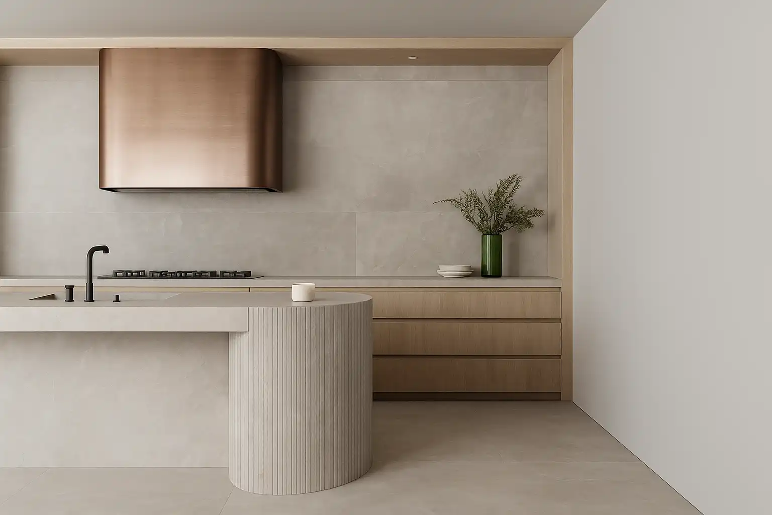 Interior com jardim de árvores e plantas, com paredes de concreto e janelas de vidro, criando um espaço moderno e natural.