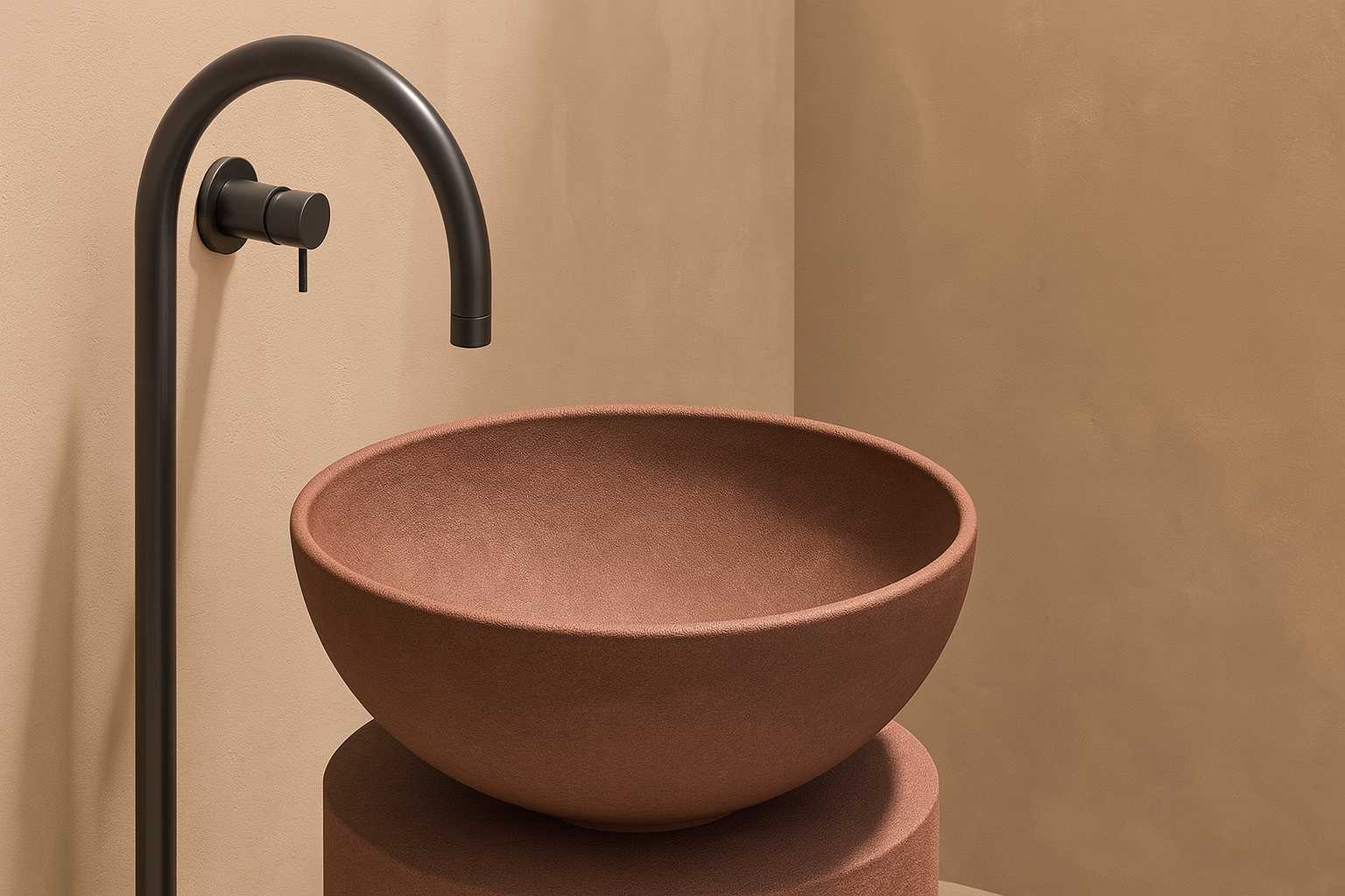 Imagem de uma cuba de banheiro de cor terracota com torneira preta ao lado, destacando design moderno e elegante para decoração de banheiro.