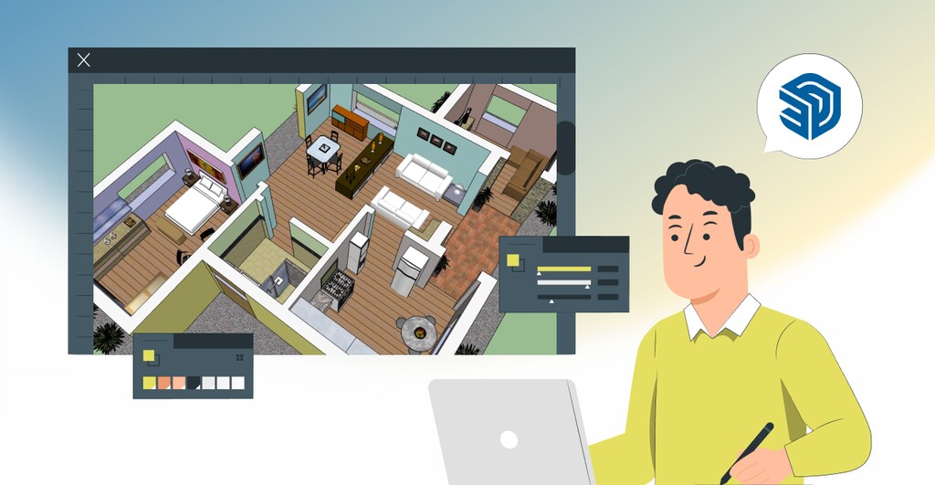 Imagem de um profissional de arquitetura ou designer de interiores apresentando um projeto de projeto de casa virtualizada em computador, com ambientes detalhados e bem planejados.