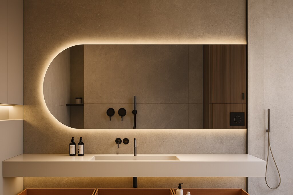Banheiro moderno com espelho circular iluminado, bancada branca, torneiras pretas e iluminação indireta, decoração minimalista e elegante.