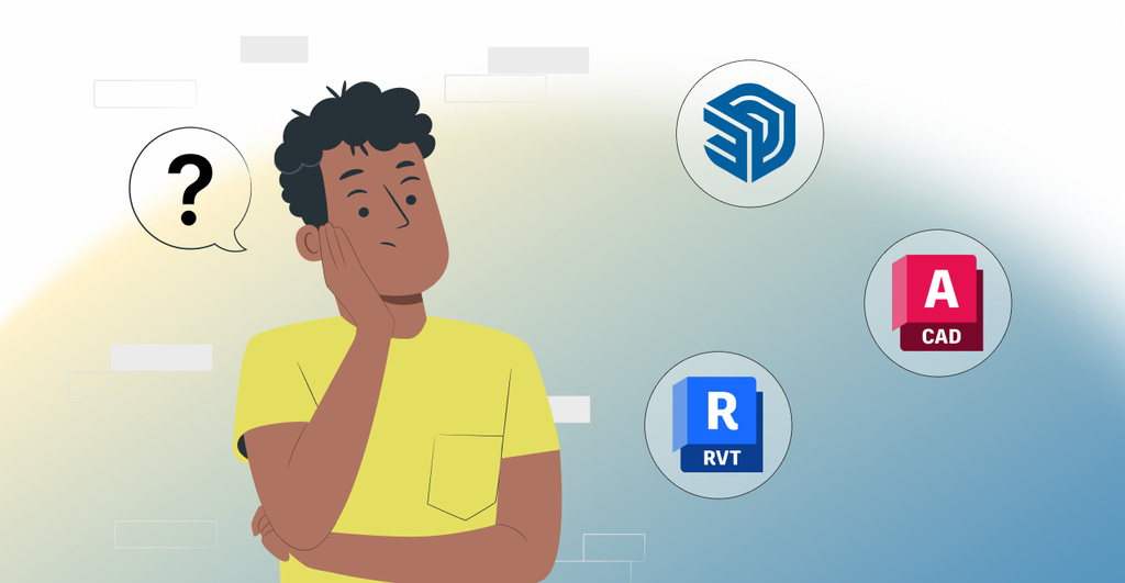 Ilustração de uma pessoa pensando, com ícones de softwares de design CAD, RVT e DCAD ao fundo, representando dúvidas sobre programas de engenharia e arquitetura.
