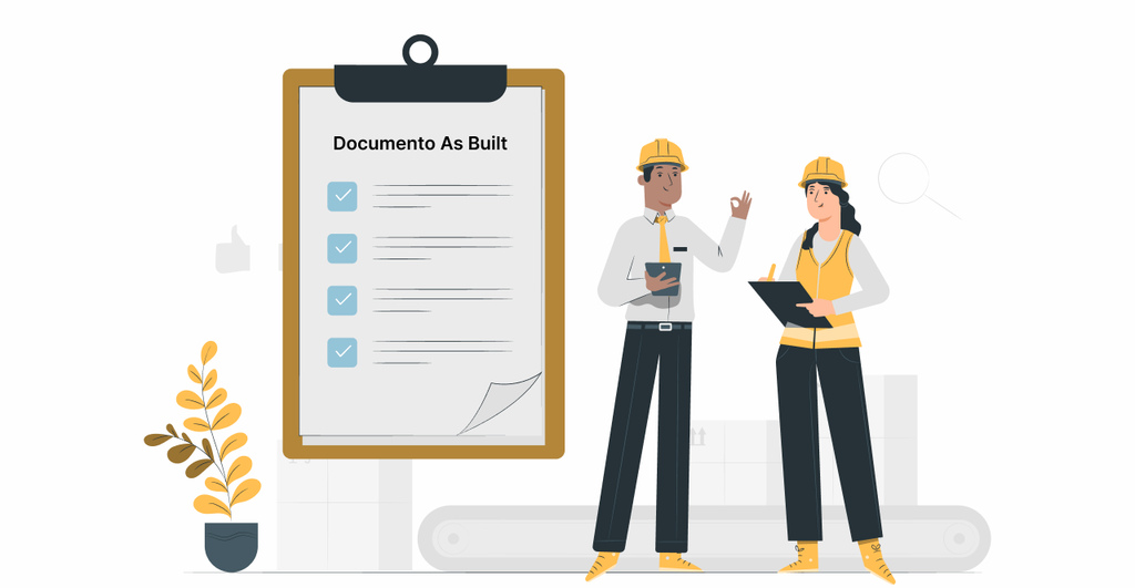 Ilustração de dois engenheiros em reunião de projeto com documento 'As Built' e lista de verificação, destacando análise e planejamento em engenharia civil.