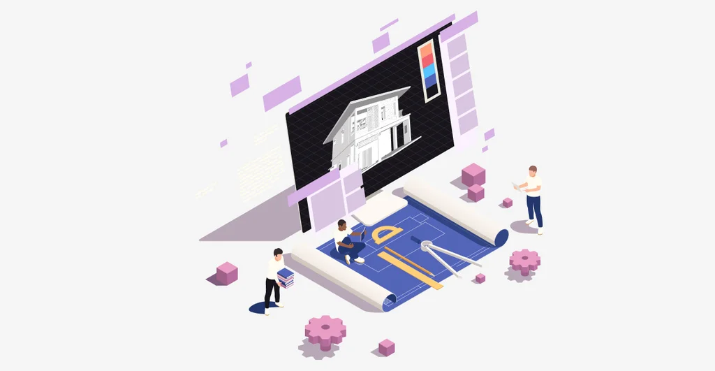 Equipo de arquitectos trabajando en un proyecto arquitectónico digital con modelado 3D en pantalla y planos en el suelo, rodeados de reglas, engranajes y herramientas de diseño.