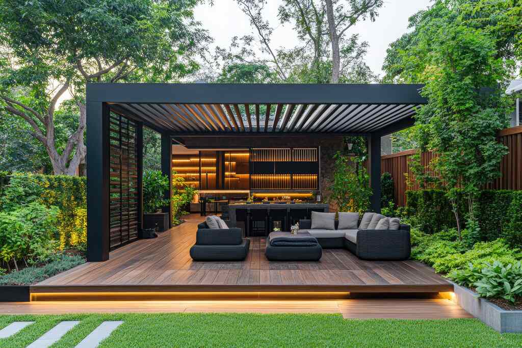Espacio exterior moderno que incluye una elegante pérgola con lamas horizontales, una tarima de madera con iluminación integrada, una zona de estar con sofás modulares y una cocina exterior completamente equipada, rodeado de vegetación frondosa.