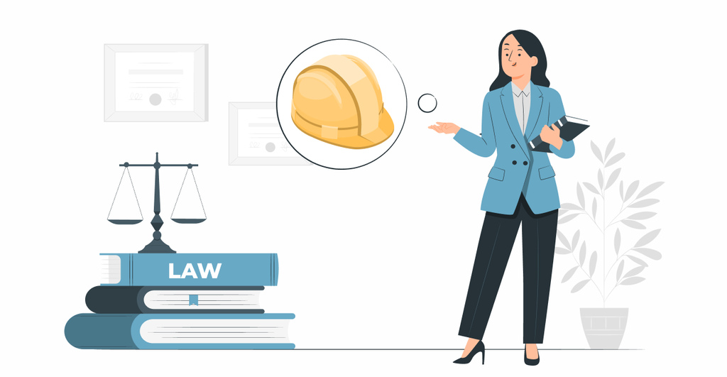 Profissional de direito analisando um projeto de segurança no trabalho com símbolo de capacete de segurança, balança da justiça e livros de lei.