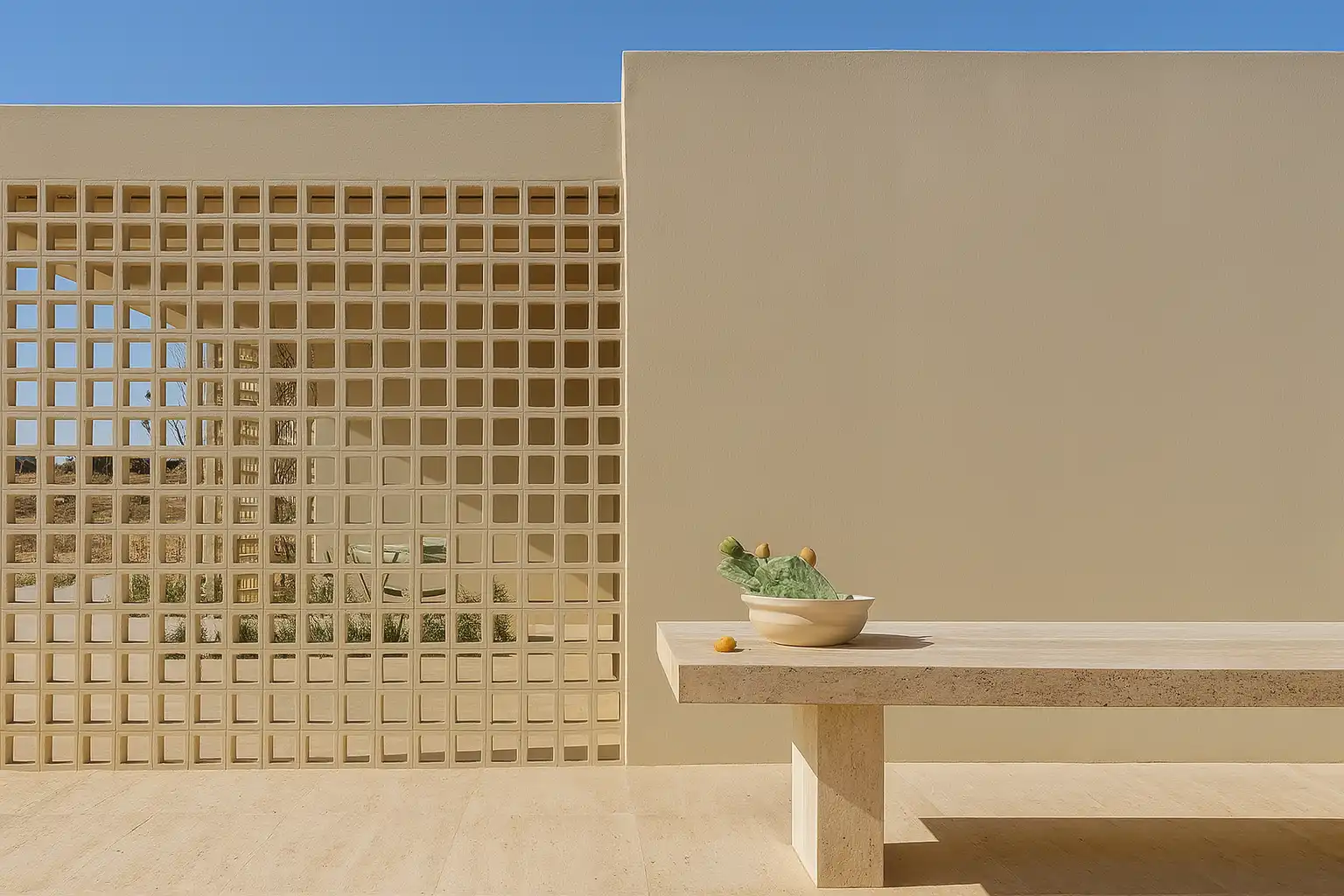 Imagem de uma fachada moderna com uma parede de blocos de vidro e um banco de concreto, sob um céu azul claro. O foco está na arquitetura minimalista e na combinação de elementos de design clean.