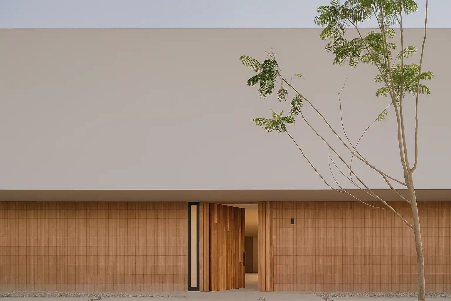 Imagem moderna de uma fachada de residência com portas de madeira e parede branca ao fundo, além de uma árvore ao lado, em um ambiente minimalista e elegante.