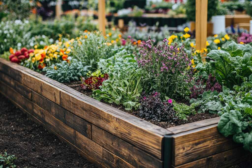 Huerto elevado construido con tablones de madera rústica, lleno de una variedad de hortalizas, hojas verdes y plantas con flores, que muestra un jardín comestible vibrante y colorido.