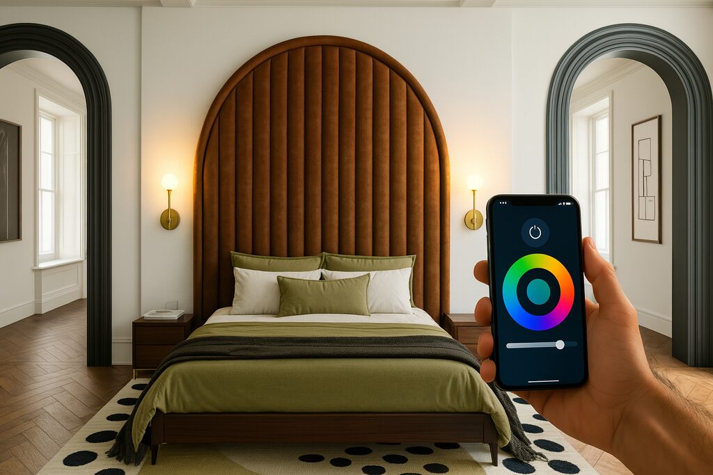 Imagem de um quarto moderno e aconchegante com cabeceira de couro, iluminação suave e controle de luz inteligente via smartphone.