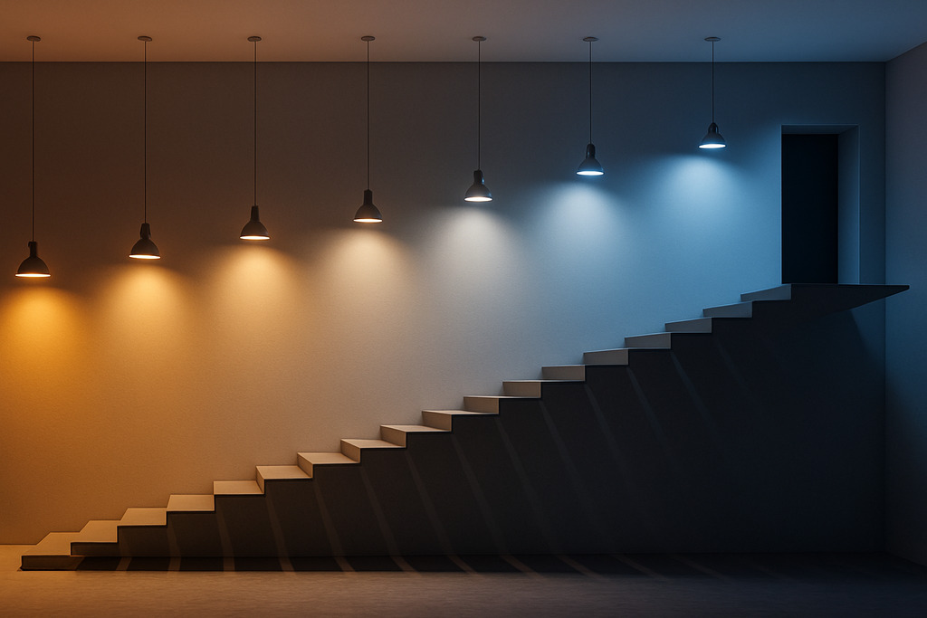 Imagem de uma escada moderna com iluminação decorativa em diferentes tonalidades de luz, criando um efeito visual impactante e sofisticado.