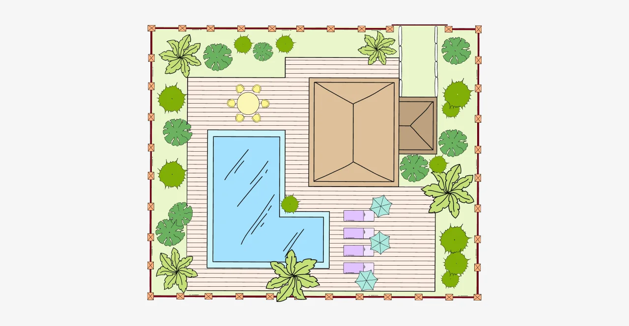  Vista cenital de un diseño de zona exterior con piscina que incluye una piscina en forma de L, una tarima de madera con tumbonas y sombrillas, una mesa de comedor con sillas, vegetación perimetral y un pequeño edificio adyacente con tejado a dos aguas.