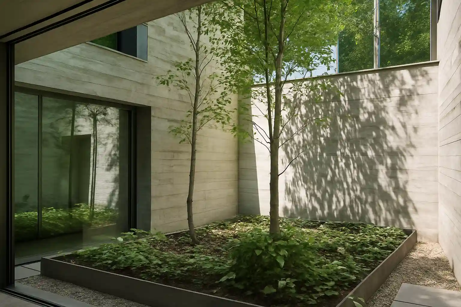 Interior com jardim de árvores e plantas, com paredes de concreto e janelas de vidro, criando um espaço moderno e natural.