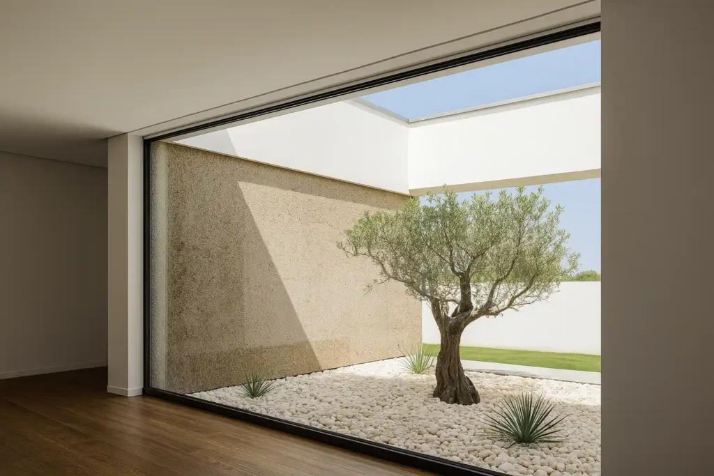 Imagem moderna de uma fachada de residência com portas de madeira e parede branca ao fundo, além de uma árvore ao lado, em um ambiente minimalista e elegante.