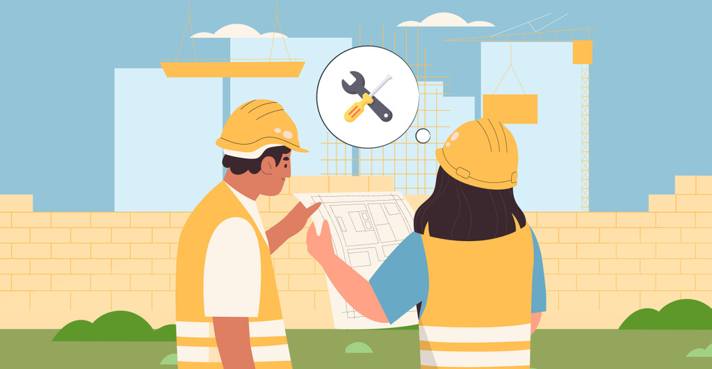 Engenheiros de construções analisando projetos em uma obra com capacetes de segurança, representando trabalho e planejamento na construção civil.
