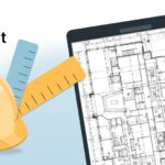 Projeto arquitetônico digital exibido em tablet com ferramentas de medição e capacete de engenheiro ao lado, simbolizando construção civil e engenharia.