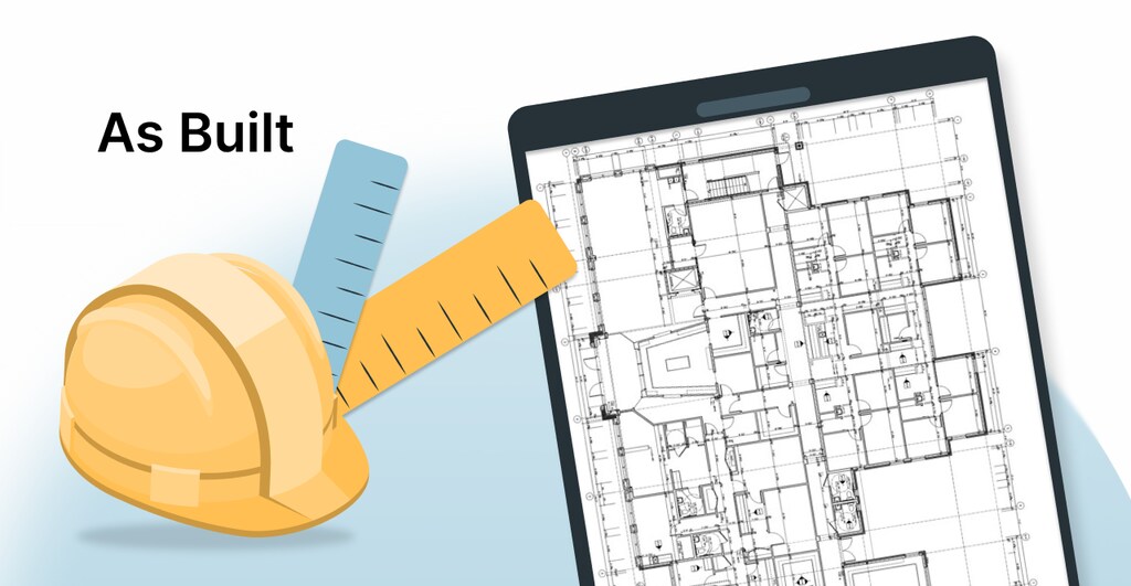 Projeto arquitetônico digital exibido em tablet com ferramentas de medição e capacete de engenheiro ao lado, simbolizando construção civil e engenharia.