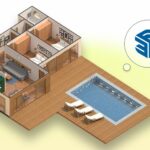Imagem de uma casa moderna com piscina externa, área de lazer com espreguiçadeiras e ambientes internos aconchegantes, ideal para casas de luxo.