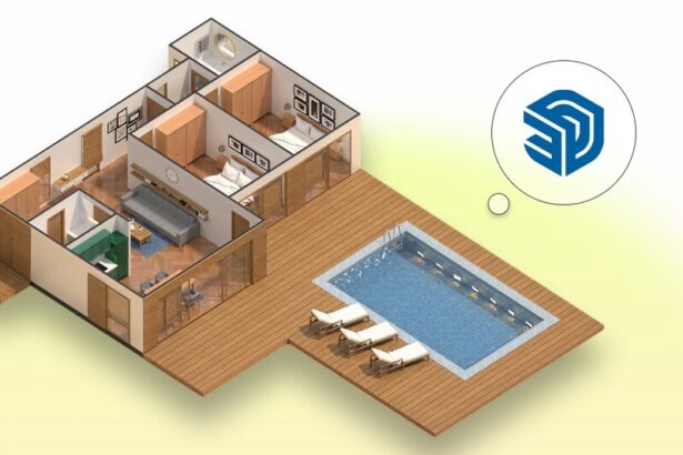 Imagem de uma casa moderna com piscina externa, área de lazer com espreguiçadeiras e ambientes internos aconchegantes, ideal para casas de luxo.