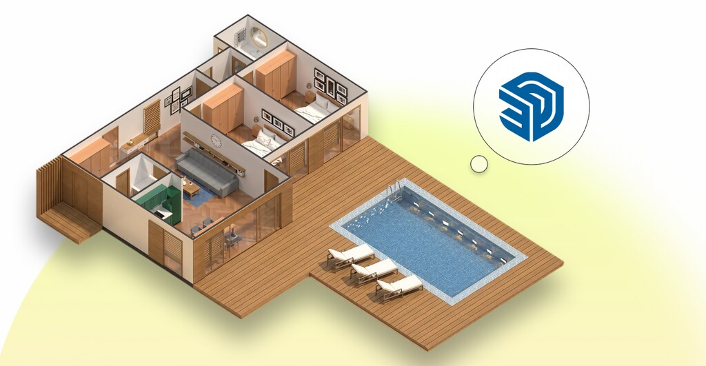 Imagem de uma casa moderna com piscina externa, área de lazer com espreguiçadeiras e ambientes internos aconchegantes, ideal para casas de luxo.