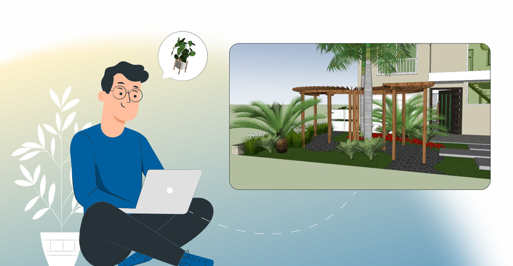 Ilustração de uma pessoa planejando um jardim de plantas e árvores ao usar um computador, representando ideias de paisagismo e jardinagem.